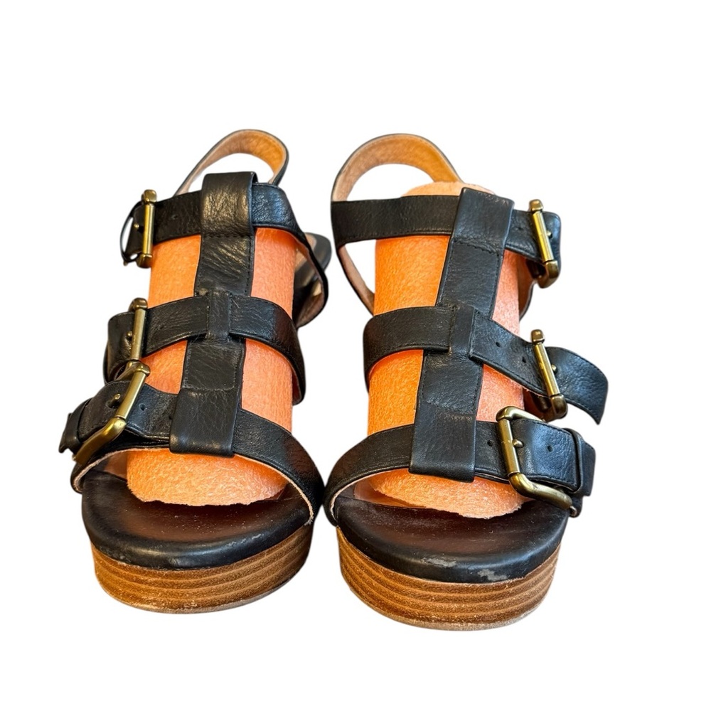 Söfft Buckle Platform Heeled Sandals Black Leather Wood Stacked Heel Women’s 7.5 - Picture 4 of 8